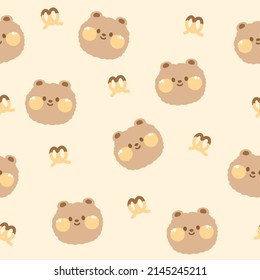 Pastel color.Seamless pattern of cute teddy bear face cartooon with pretzel.Brown background.Kawaii.Repeat.Bakery.Vector.Illustration.