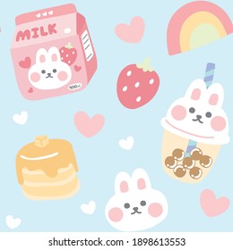 Pastel color.Seamless pattern of strawberry milk box with rabbit on blue background.Cute cartoon hand drawn.Kawaii style.Animal doodle.Image for card,banner,wallpaper,children wear.Vector.Illustration