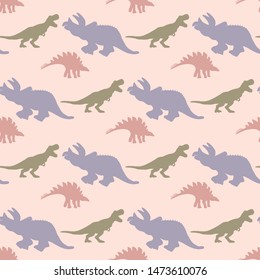 Pastel colour dinosaurs silhouette seamless pattern on pink background. Vector Illustration