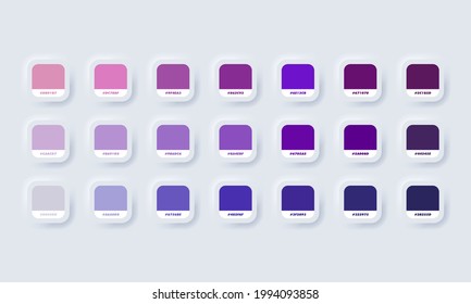 Pastel colour palette. Vector. Catalog samples purple in RGB HEX. Color Catalog. Neumorphic UI UX white user interface web button. Neumorphism. Vector EPS 10.