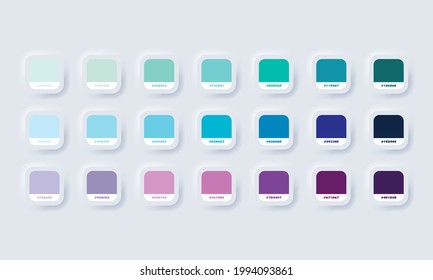 Pastel colour palette. Vector. Catalog samples blue and purple in RGB HEX. Color Catalog. Neumorphic UI UX white user interface web button. Neumorphism. Vector EPS 10.