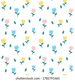 Pastel colour of Tulips flower seamless pattern with white background. Minimal cozy vector background for children sleeping happily. Cartoon illustrator paper print for kid decoration space.
