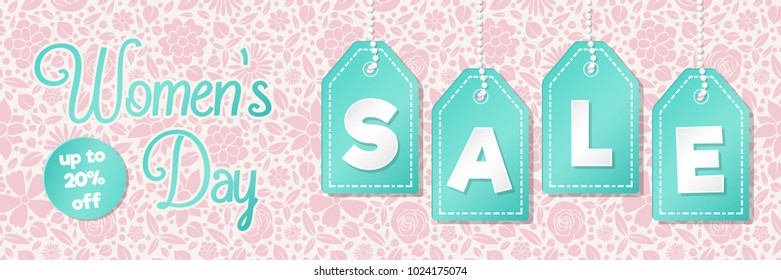 Pastel coloured banner with floral background for Women's Day Sale. Vector.