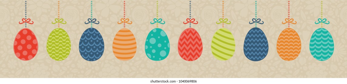 Pastel coloured banner with hanging Easter eggs on background with flowers. Vector.