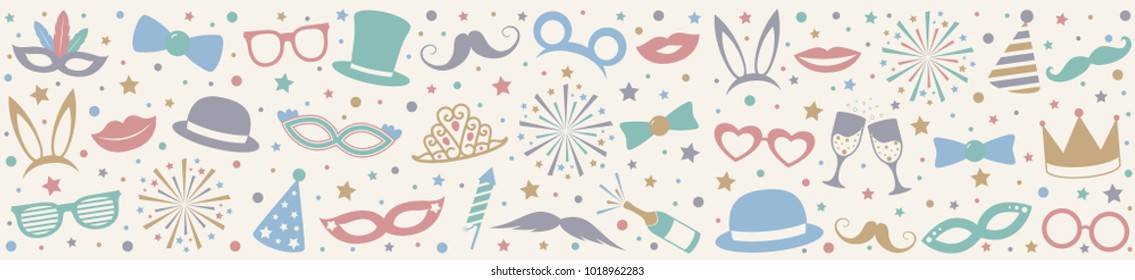 Pastel coloured banner with party icons. Carnival, photobooth and birthday party. Vector.