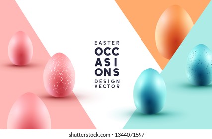 Pastel coloured chocolate Easter eggs event composition layout. Vector illustration.