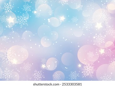 pastellfarbener Weihnachtshintergrund mit Schneeflocken und Bokeh-Lichtern