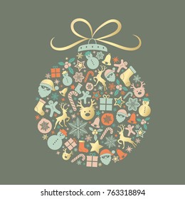 Pastel coloured Christmas ball with decorations. Vector.