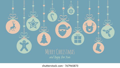 Pastel coloured Christmas card with hanging balls. Vector.