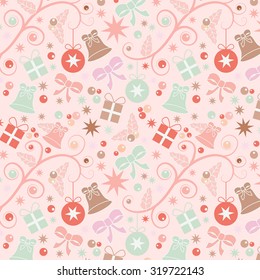 Pastel coloured Christmas seamless pattern with baubles, stars, parcels, bells, holly and ribbons