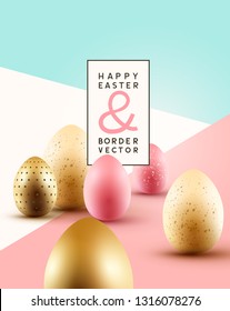 Pastel coloured Easter background composition with gold and pink chocolate Easter eggs. Vector illustration.