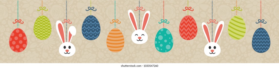 Pastel coloured Easter banner with hanging bunnnies and decorative eggs. Vector.