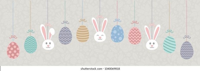 Pastel coloured Easter banner with hanging bunnnies and decorative eggs. Vector.