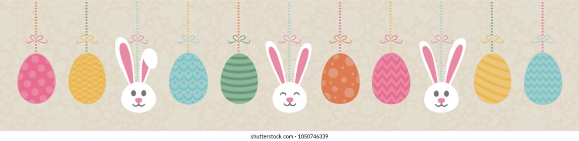 Pastel coloured Easter banner with hanging bunnnies and decorative eggs. Vector.