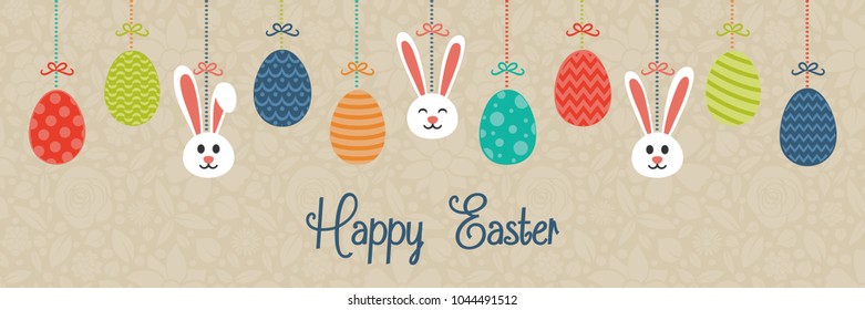 Pastel coloured Easter decoration with bunnies and eggs. Vector.