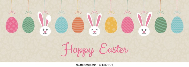 Pastel coloured Easter decoration with bunnies and eggs. Vector.