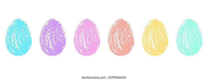 Pastel coloured Easter eggs with a grunge texture. Abstract and minimalist holiday design with a vintage artistic touch. Vector illustration
