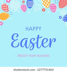 Pastel coloured Easter greeting card with eggs and flowers. Cartoon style design. Vector illustration