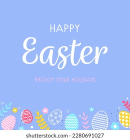 Tarjeta de bienvenida de Pascua de color pastel con huevos y flores. Diseño de caricaturas. Ilustración del vector