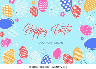 Pastel coloured Easter greeting card with eggs and flowers. Cartoon style design. Vector illustration