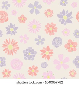 Pastel coloured flowers - seamless pattern. Mother's Day, Woman's Day and Valentine's Day. Vector.