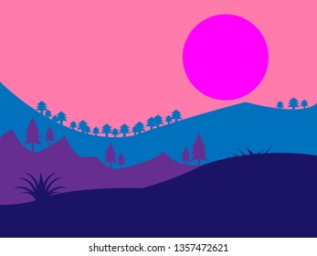 pastel coloured graphic landscape with sunset and tree and mountain silhouettes