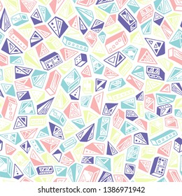 Pastel coloured perspective geometric shapes seamless vector pattern. 3D hand drawn line art abstract shapes vectorial.