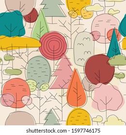 Pastel coloured trees pattern cartoon drawing