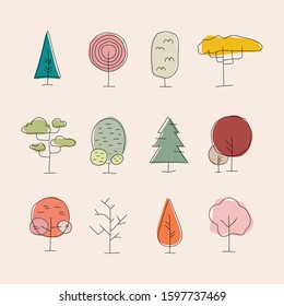 Pastel coloured trees set cartoon drawing