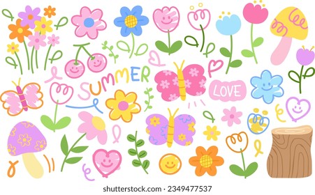 Pastel colouring elements flowers  heart  smile happy faces  butterflies  mushroom for summer stickers  cute decoration  template  brand logo  floral icon  fabric print  nature  garden post  tattoo
