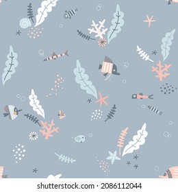 Pastel colours Fish Seaweed Coral Shell in the ocean vector seamless pattern. Whimsy underwater world background. Scandinavian decorative childish surface design for nautical nursery navy kids fabric.