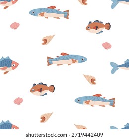 Patrón de océano de Vector dibujado a mano de colores pastel con conchas de mar, estrella de mar y peces