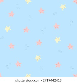 Patrón de océano de Vector dibujado a mano de colores pastel con conchas de mar, estrella de mar y peces