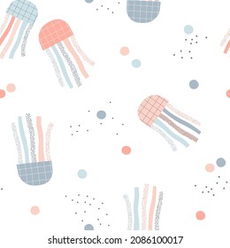 Pastel colours Jellyfish Papercut vector seamless pattern. Abstract whimsy sea jelly white background. Scandinavian decorative childish surface design for nautical nursery and navy kids fabric.