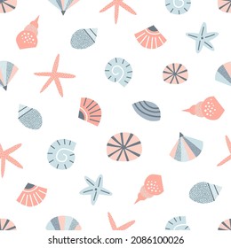 Pastel colours Sea shell Conch Starfish vector seamless pattern. Abstract cockleshells marine life background. Scandinavian decorative childish surface design for nautical nursery navy kids fabric.