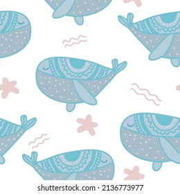 Pastel colours Whale vector seamless pattern. Cute ocean creatures background. Scandinavian decorative childish design for kids fabric.