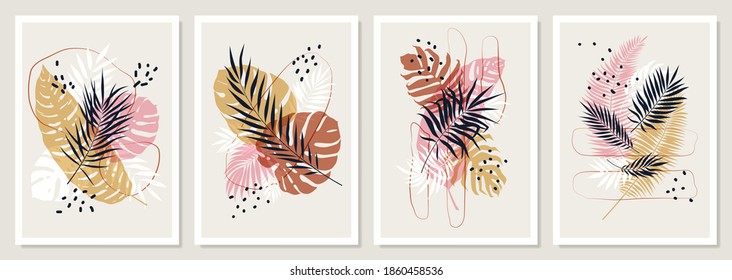 Pastel compositions from colored tropical leaves and branches, Decorative vector trendy posters botanical collage, for print, cover, wallpaper, minimal wall art	