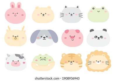 Concepto Pastel.Conjunto de lindos animales dibujados a mano.Colección de diseño de caricaturas.Conejo, tigre, cerdo, ciervo, panda, oso, perro, gato, tigre, vaca, doodle de rana león.Gráfico infantil.Kawaii.Vector.Ilustración