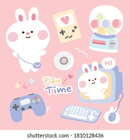 Pastel concept.Set of cute cartoon in play time concept.Rabbit,Video game control,computer hand drawn.Image for kid product,sticker.Kawaii.Vector.Illustration.