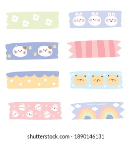 Pastel concept.Set of tags hand drawn.Cartoon animal character design.Flower,rainbow,cat,rabbit,bear doodle.Image for lable,card,decoration.Kid graphic.Kawaii.Vector.Illustration.