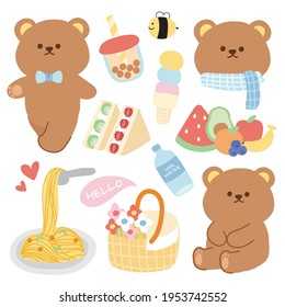 Pastel concept.Cute bear with breakfast picnic cartoon.Animals character design.Bubble milk tea,fruits,sandwich,water,bee.Kid graphic design.Art.Image.Sticker.Isolated.Kawaii.Vector.Illustration.