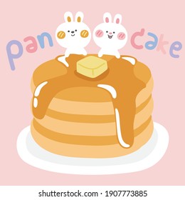 Pastel concept.Cute pancake with rabbit on pink background.Cartoon animals character design.Food hand drawn.Dessert doodle.Kid graphic design.Kawaii.Sticker.Vector.Illustration.