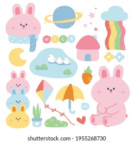 Concepto Pastel.Conejo rosa lindo con dibujos animados.Diseño de carácter animal.Luna, planeta, árbol, planta, hogar, flor, arcoiris.Diseño gráfico infantil.Art.Image.Sticker.Isolated.Kawaii.Vector.Ilustración.