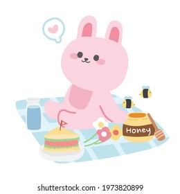 Pastel concept.Cute pink rabbit sititng on mat.Sandwich,water,honey,flower hand drawn.Picnic.Breakfast.Kawaii.Image.Kid graphic cartoon design.Vector.Illustration.