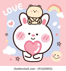 Pastel concept.Cute rabbit with bear on head cartoon.Animals character design.Love.Valentine's day.Kid graphic design.Sticker.Heart.Hand drawn.Doodle.Kawaii.Vector.Illustration.