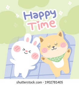 Pastel concept.Cute rabbit and shiba inu dog sleep on cloth at garden.Animals character design.Kid graphic.Happy time text.Hand drawn.Doodle.Kawaii.Vector.Illustration.