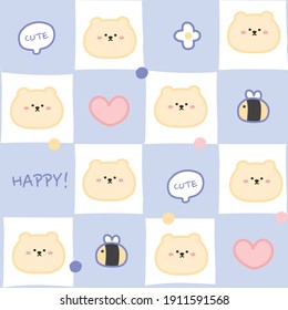 Pastel concept.Pattern of cute bear cartoon.Bee,flower,heart hand drawn.Animal character design.Background.Wallpaper.Kid graphic.Vector.Illustration.