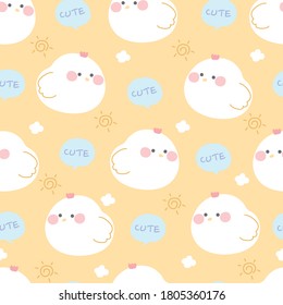 Pastel concept.Seamless pattern of hen on yellow background.Cute cartoon character design.Animal hand drawn.Image for kid product,sticker,wallpaper,card,baby shirt.Vector.Illustration.