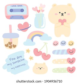 Pastel concept.Valentine day.Cute bear cartoon hand drawn.Animal character design.Kid graphic.Sticker.Heart,rainbow,bubble milk tea,cherry doodle.Kawaii.Love.Vector.Illustration.