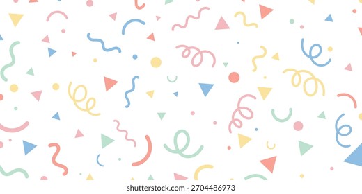 Patrón de confeti pastel con Formas abstractas, garabatos, triángulos y puntos. Perfecto para fondos de fiesta, papelería, invitaciones, empaques, diseños infantiles y gráficos modernos de temática suave.